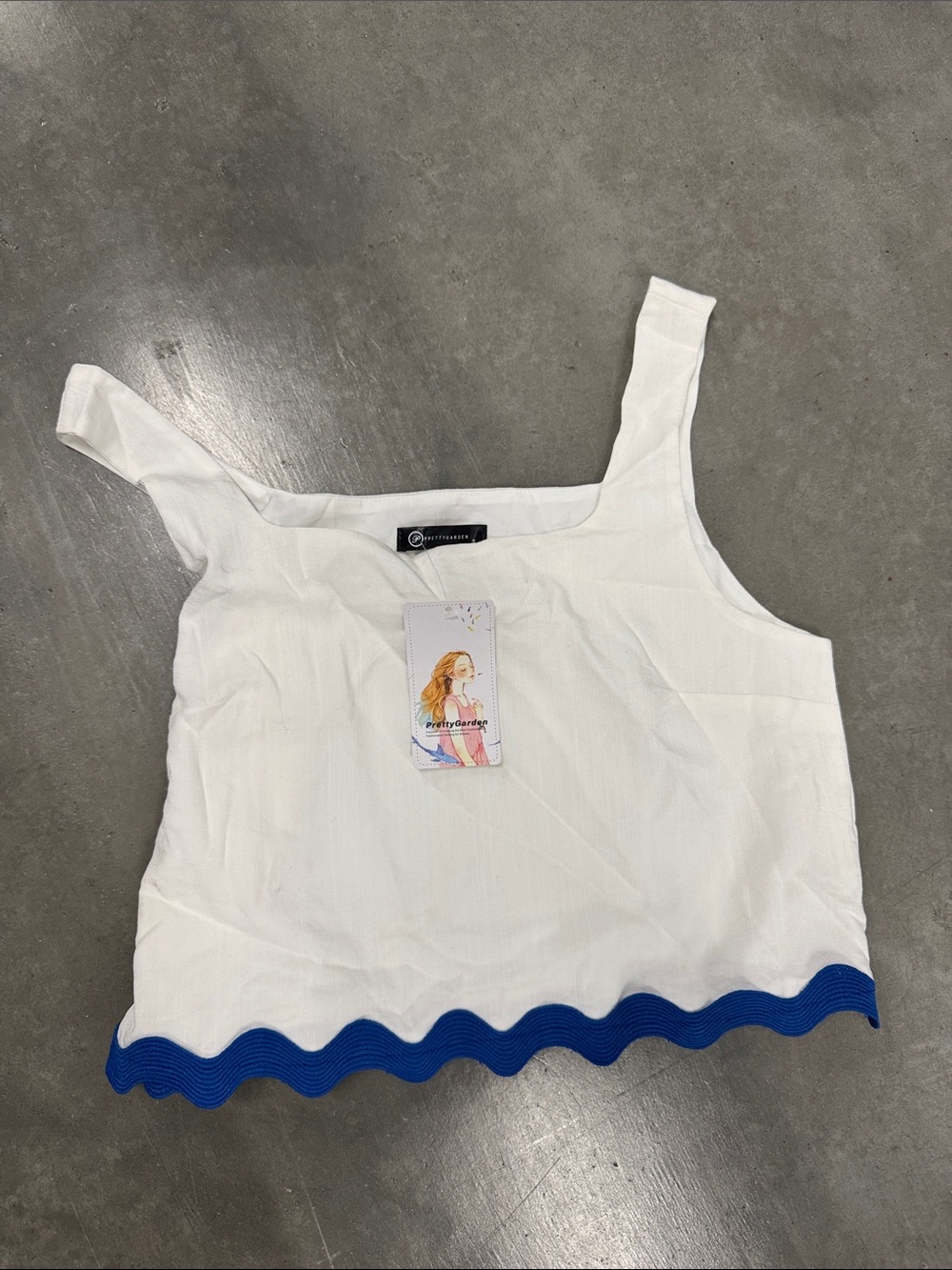 White Cropped Tank Top with Blue Wave Hem - Size S